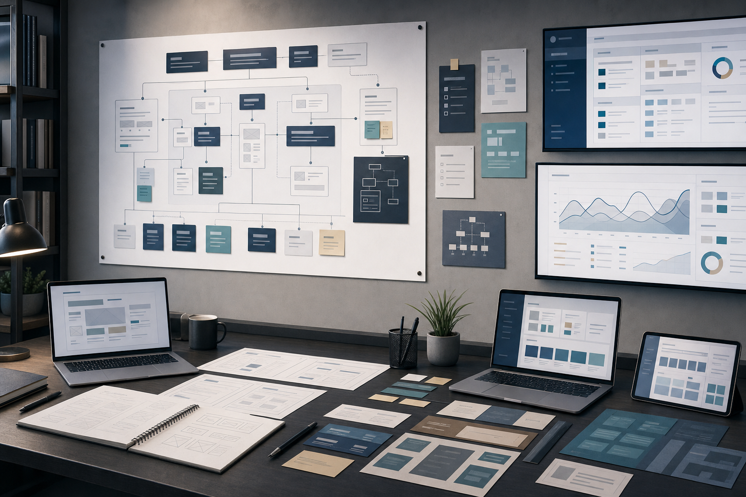 Рабочее место веб-разработки с доской архитектуры сайта, модульными блоками, схемами CMS и абстрактными панелями аналитики, передающими идею масштабируемой структуры без переписывания.